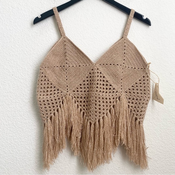 MIREMAR Natural Beige Tan Crochet Fringe Bohemian Boho Top One Size - Picture 8 of 15